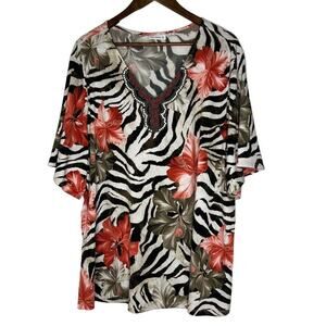 Susan Graver Women's Tunic Top 3X Zebra Floral Beaded Neckline Short Sleeve